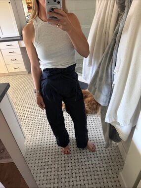 COS Navy High-Waist Paperbag Tie Trousers